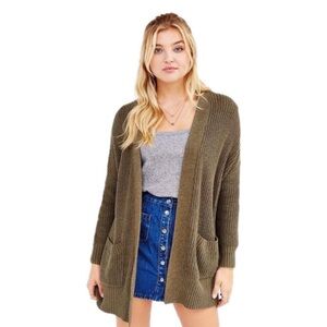 BDG Open-Front Olive Green Ribbed Pocket Cardigan Sweater